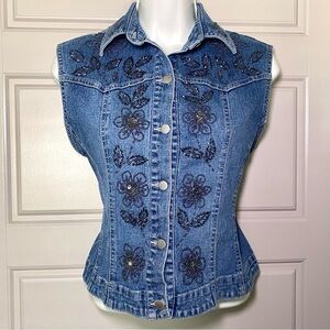 Vintage Cottage Western Denim Beaded Button-Up Vest